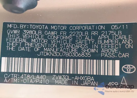 2011 Toyota Prius Five из США, поврежденный, VIN JTDKN3DU7B0306835